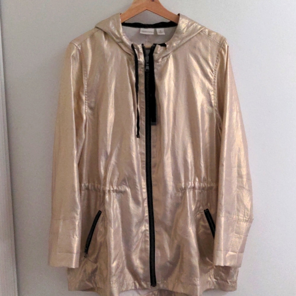 Chico's Gold Shimmer Hooded Zip-Up Anorak Jacket